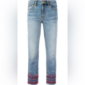 Tory Burch EUC Myers Cropped Bootcut Jeans Sail Wash Embroidered Hem Size 29